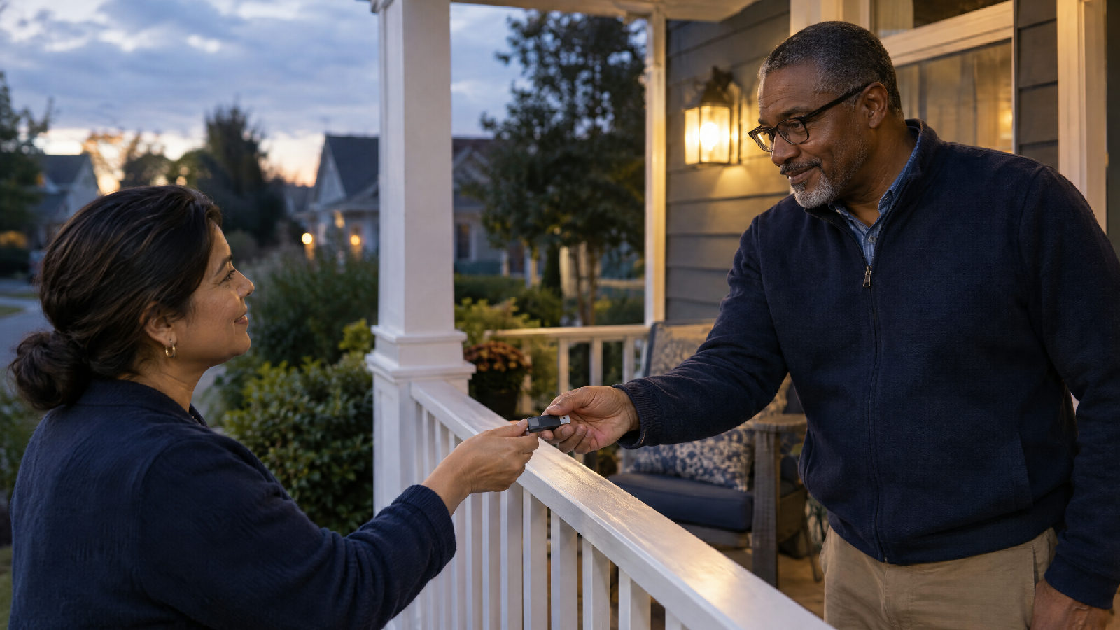 A board member on a front porch at dusk handing a small plain USB drive to a second board member across the porch railing, porch light just switched on