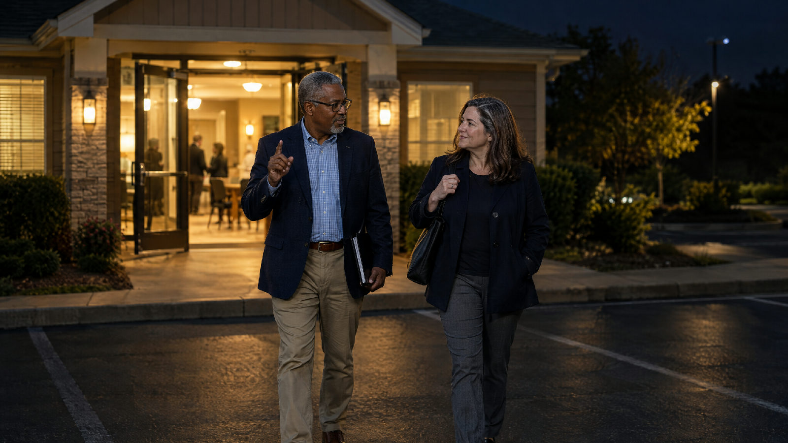 Two board members walking out of a lit clubhouse into a dark parking lot after a meeting, one holding up a single finger as if naming one thing while the other nods