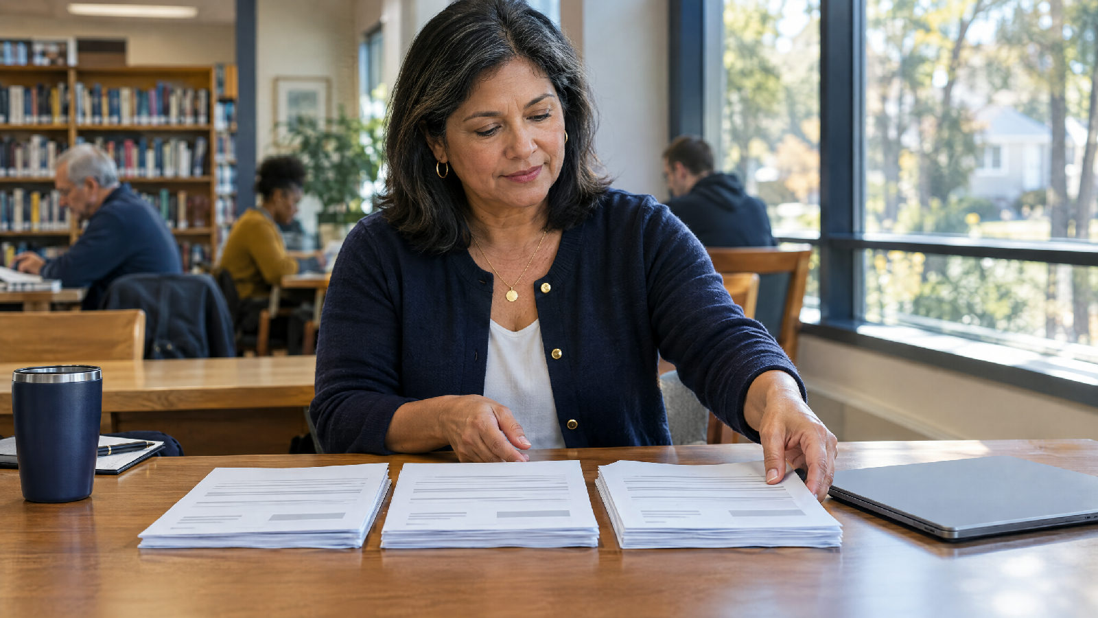 A treasurer at a small public library study table on a Saturday morning setting down the last of three thin paper stacks side by side, a closed laptop beside them, window light