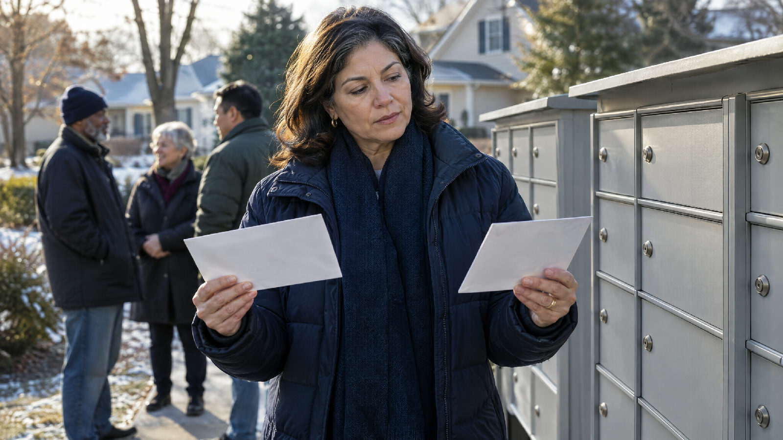 A board treasurer at a cluster of community mailboxes on a cold morning holding one plain unmarked envelope in each hand, looking from one to the other