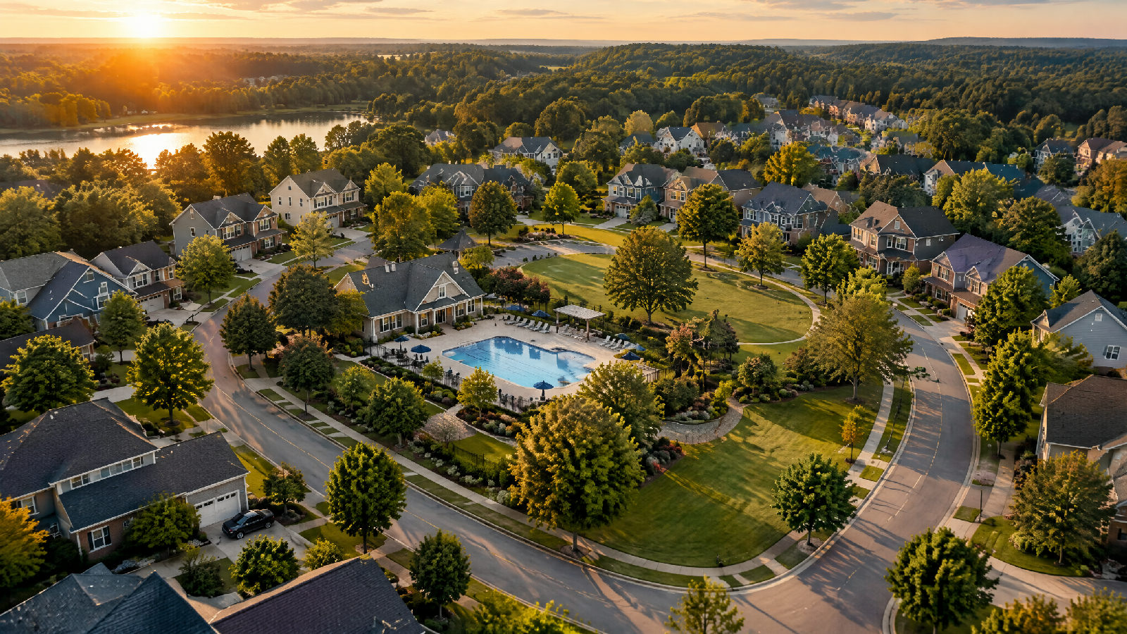 Aerial view of a well-kept neighborhood at golden hour