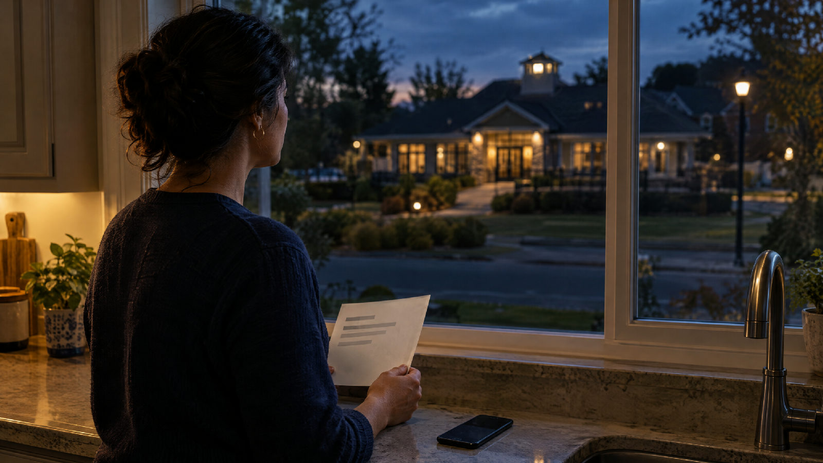 A homeowner at her kitchen window in the evening holding a letter she sent weeks ago, her phone face-down on the counter, looking out toward the darkened community clubhouse