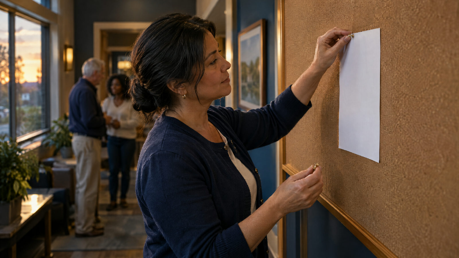 A board member pinning one blank sheet of paper to an otherwise empty cork bulletin board in a clubhouse hallway, a pushpin in her other hand, evening light from a side window