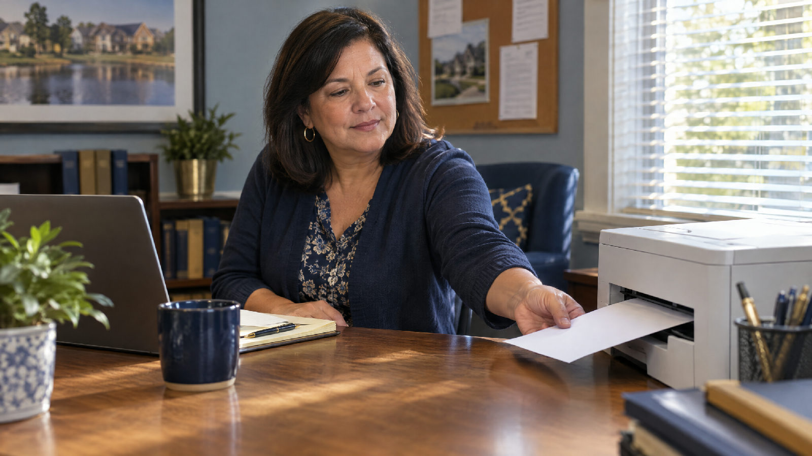 A board member in a small clubhouse office reaching for a single sheet of paper as it slides out of a desktop printer, the sheet's face turned away, afternoon light through blinds