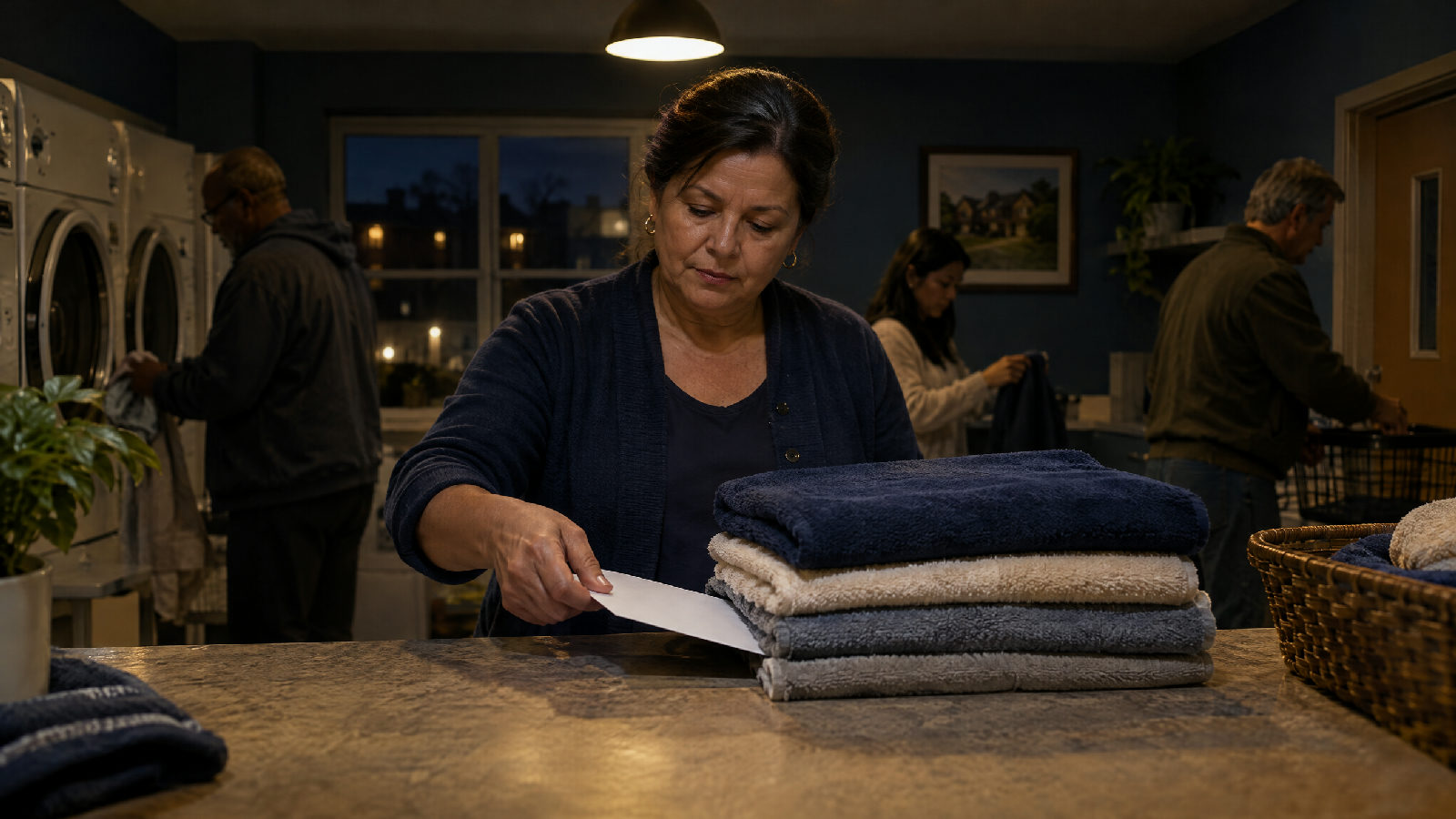 A board member at a laundry-room counter late at night lifting a plain, blank envelope out from under a stack of folded towels, a single overhead light