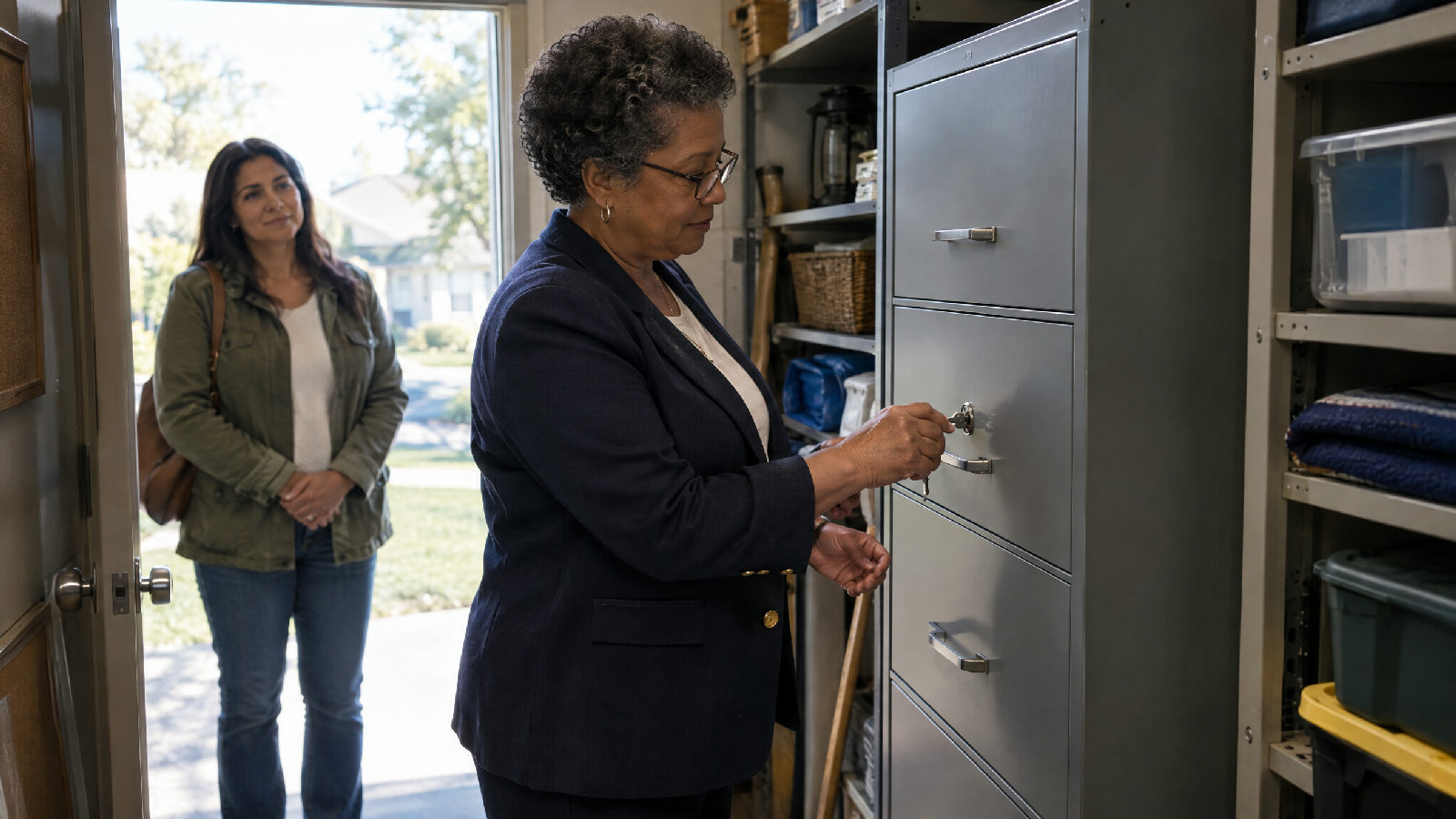 A board member unlocking a tall unlabeled grey metal filing cabinet in a clubhouse storage closet while a homeowner waits in the doorway, daylight behind her