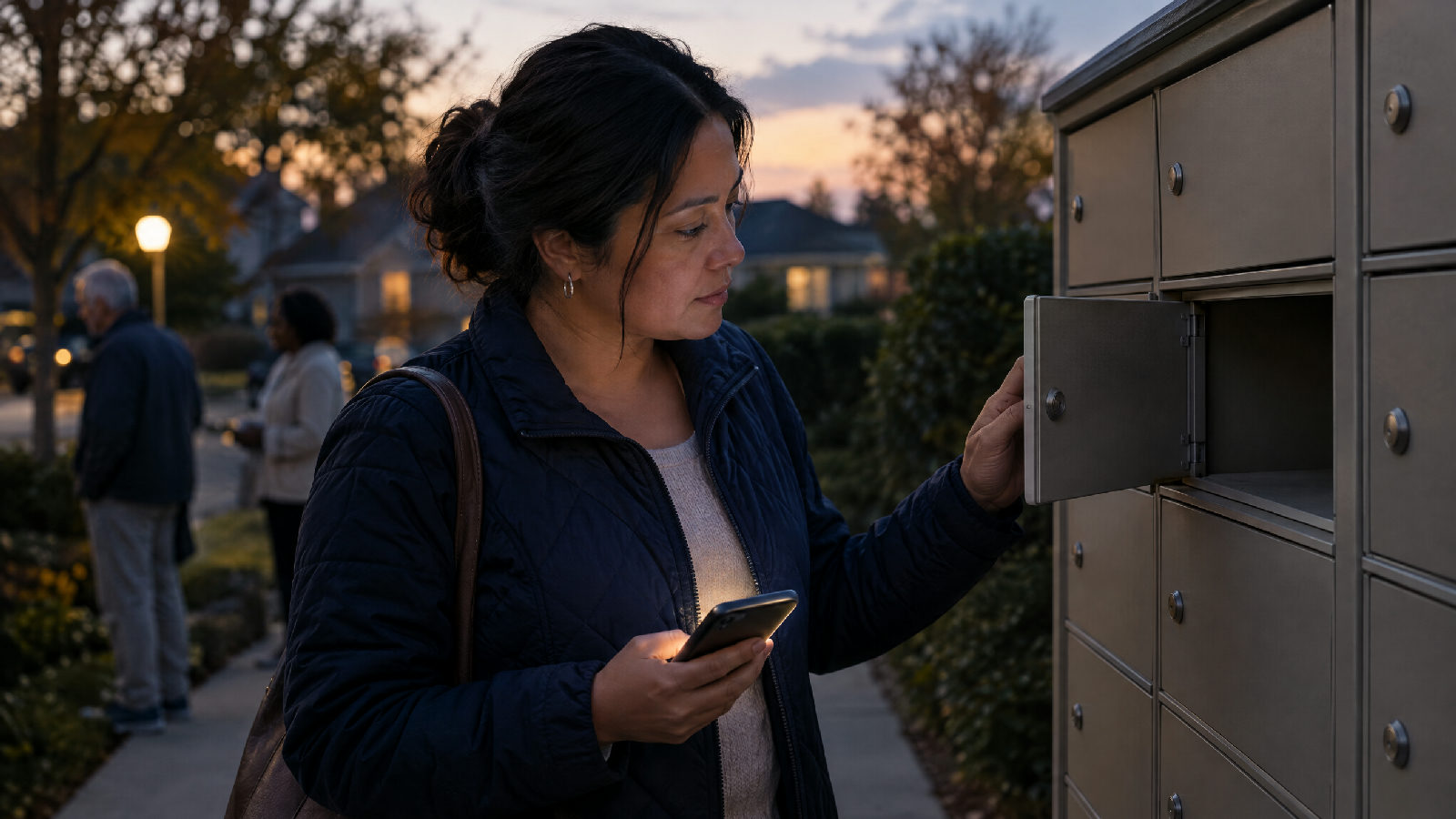 A homeowner at a community mailbox cluster at dusk opening her small door to find it empty, the boxes plain and unnumbered, her other hand holding a phone with a soft out-of-focus glow