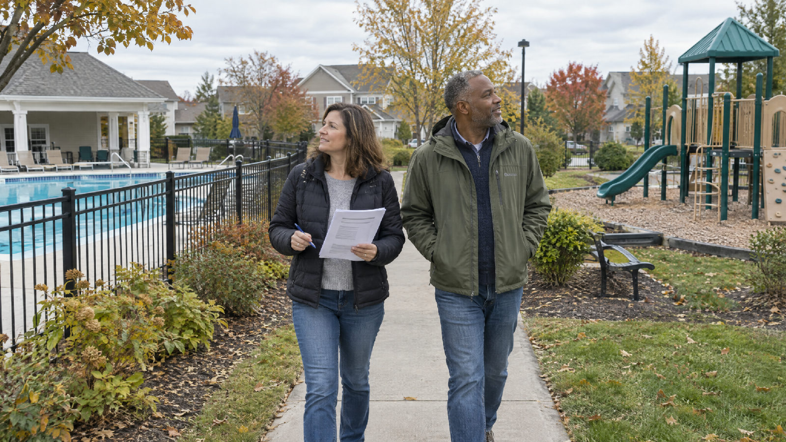 Two neighbours walking a community path past a fenced pool and playground, one holding a stapled packet and a pen