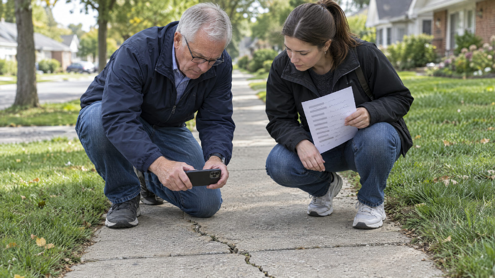 **Written down, not diagnosed.** A photo and one word is all the walk needs. Two board members crouched beside a cracked sidewalk, one holding a printed list and the other photographing the crack with a phone