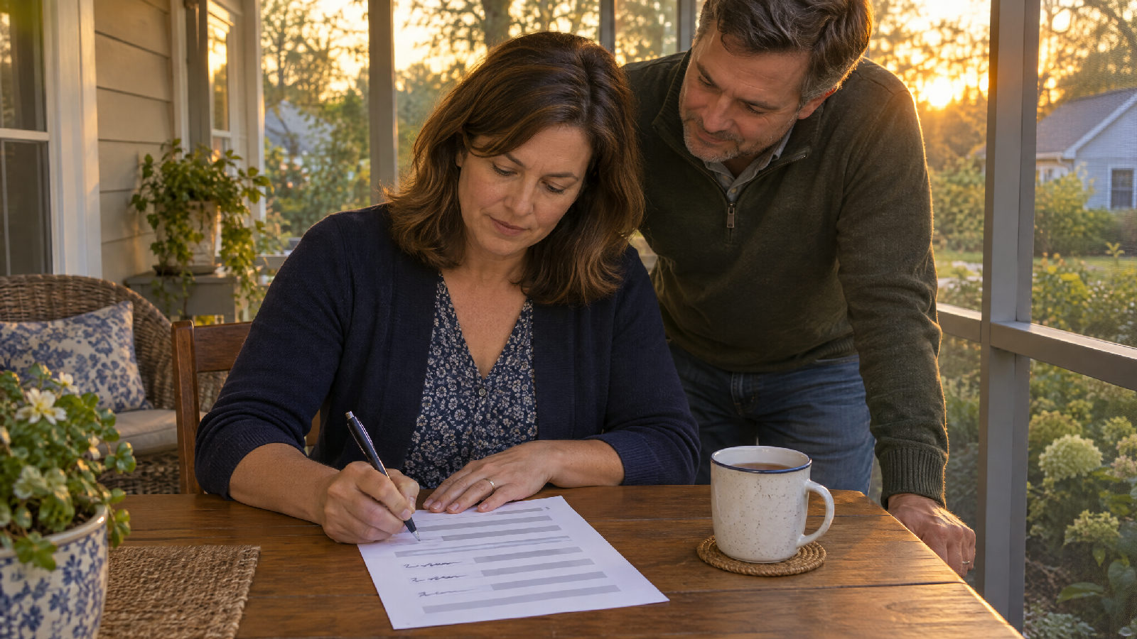 **One page for the meeting.** Counts, three sentences, and the request. A board secretary writing three short lines on a marked-up sheet at a porch table at golden hour while her husband looks on