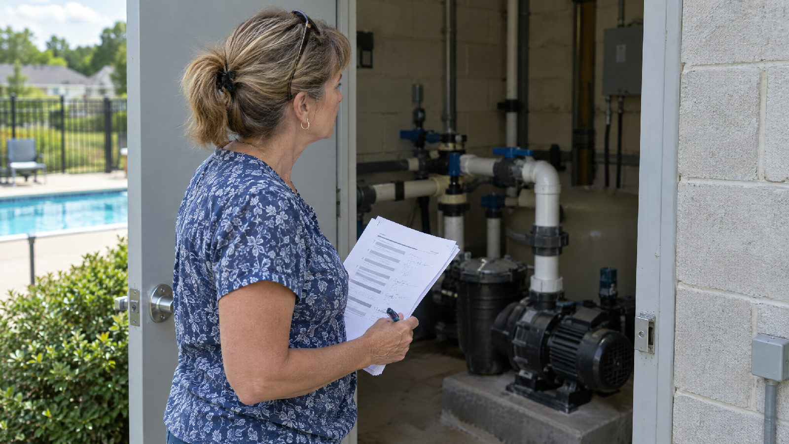 **The first item on the list.** Stand where the study's author stood, or where nobody did. A board treasurer at the open door of a community pool pump house, holding a stapled packet and a pen, looking at the equipment inside