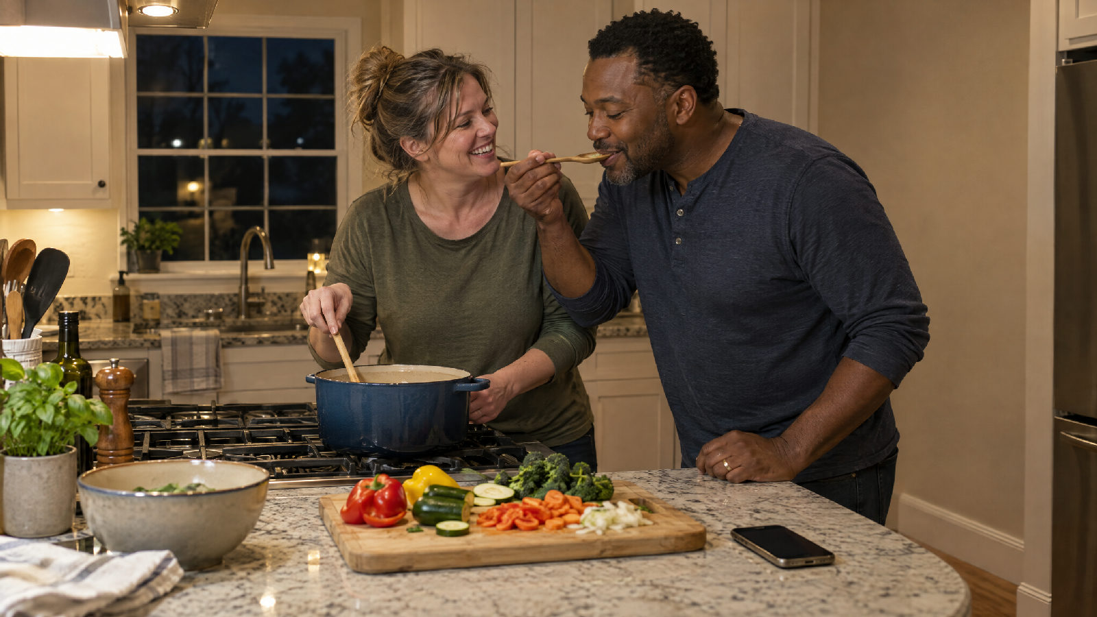 A board member cooking dinner with her husband on a weeknight, both laughing, her phone lying face down on the counter