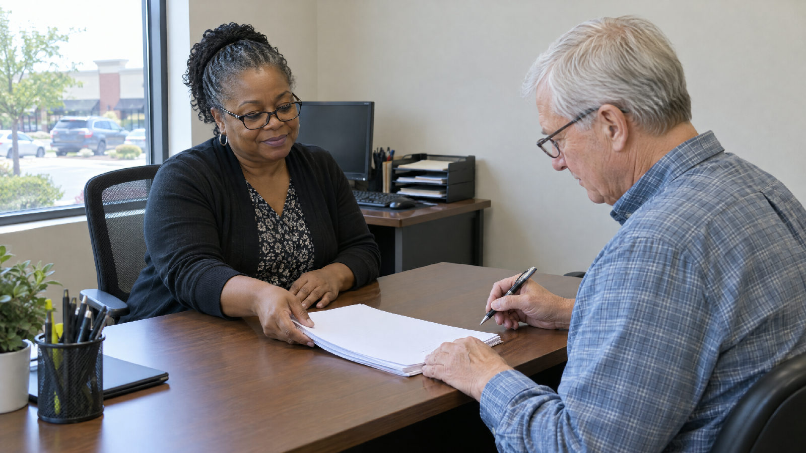 A bookkeeper sliding reconciled statements across her desk to a board member, who reads the top page with a pen in hand before signing off