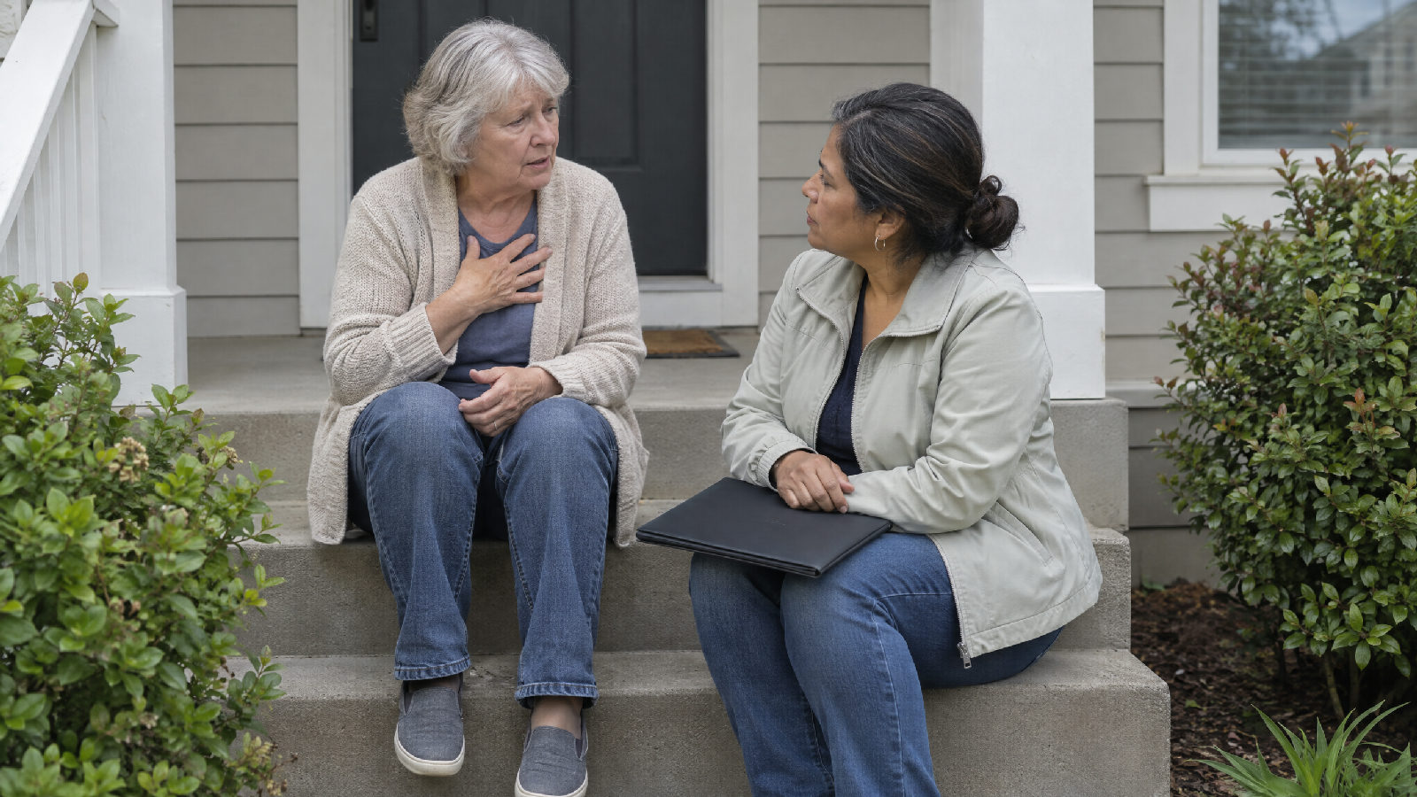 A board member sitting on a homeowner's porch steps with a closed folder on her knees, listening closely as the homeowner explains her situation