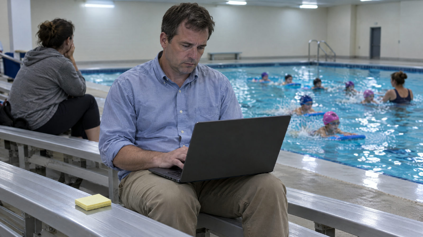 A treasurer on the bleachers at a children's swim lesson, typing on a laptop on his knees while the lesson goes on behind him
