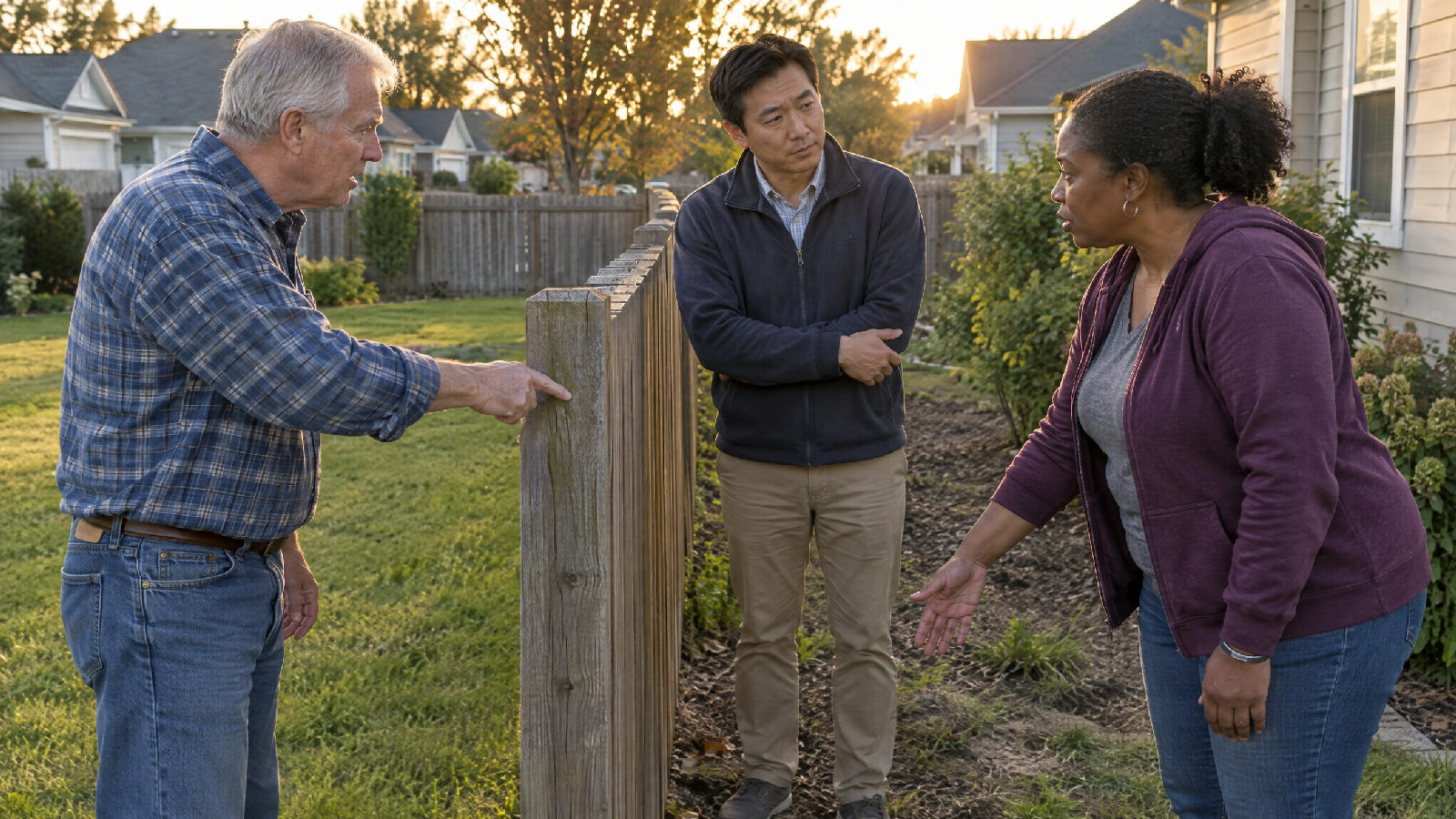 Two neighbours on either side of a backyard fence each making their case while a board member stands between them listening