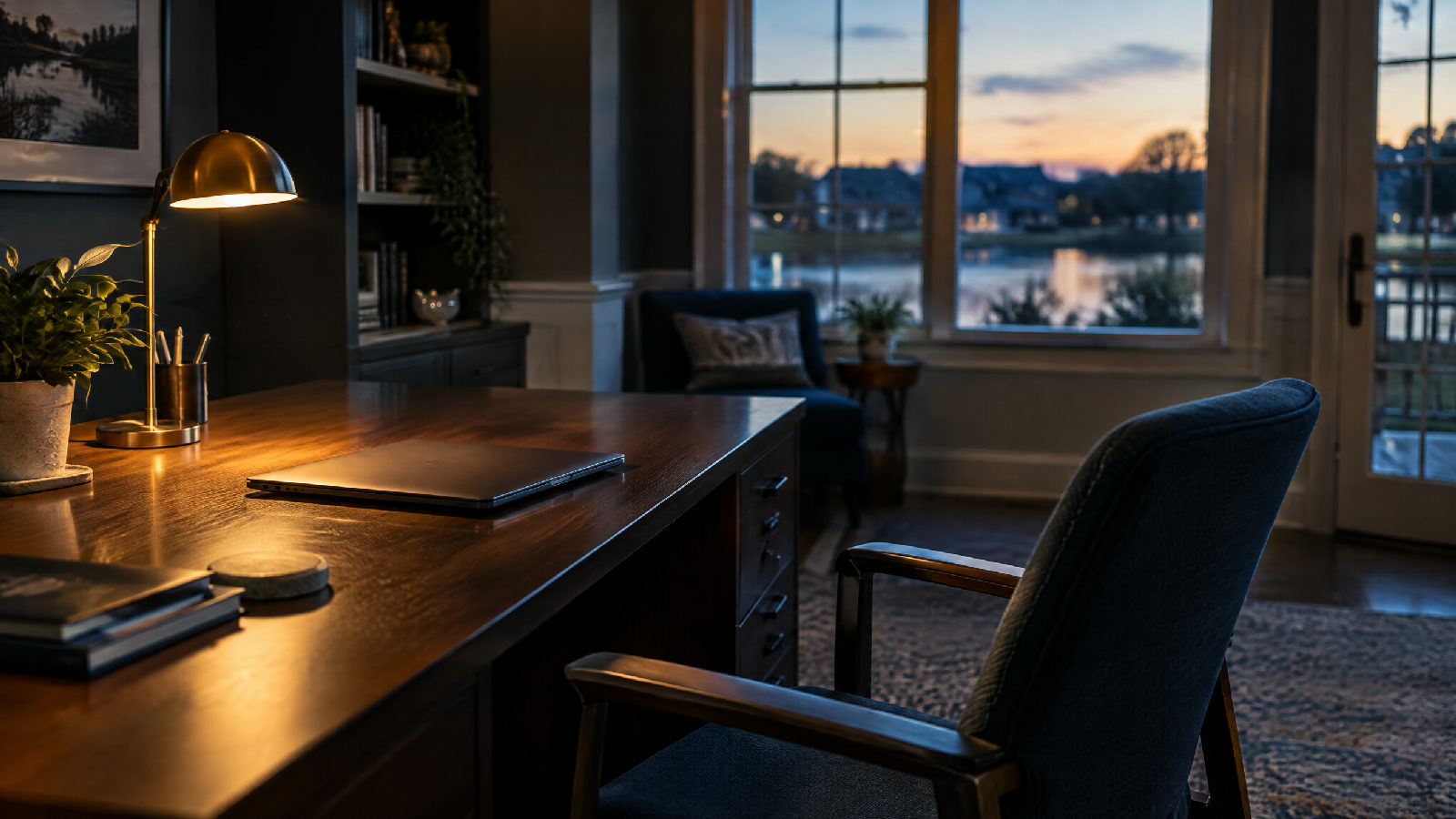 An empty clubhouse office at dusk with the chair pushed back