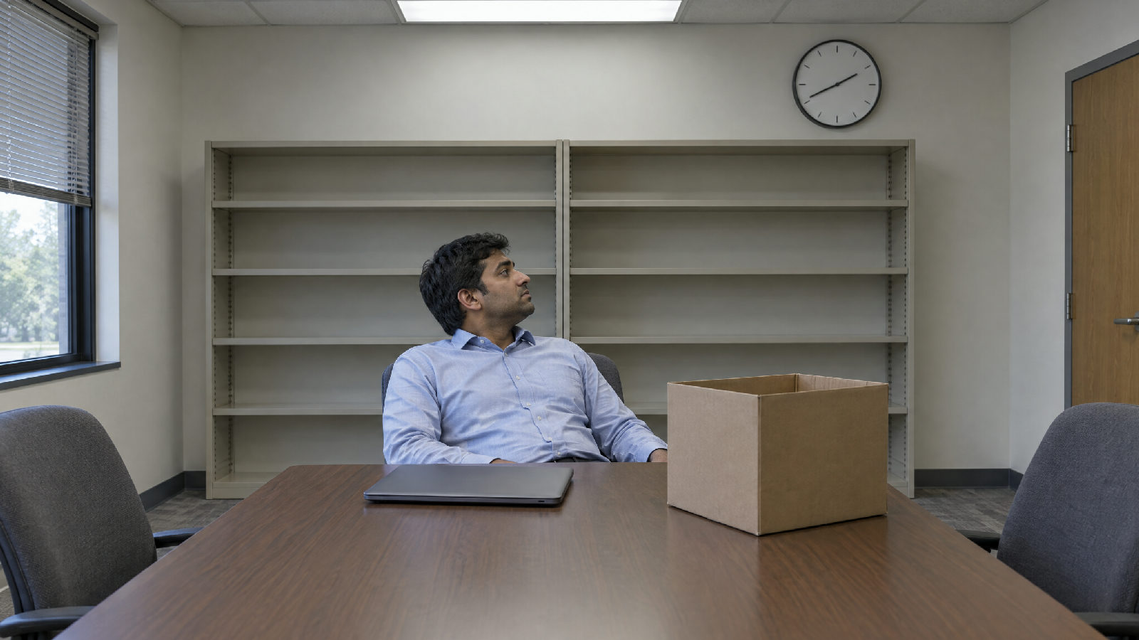 An auditor alone at a conference table with a closed laptop and an empty file box, looking at bare office shelves