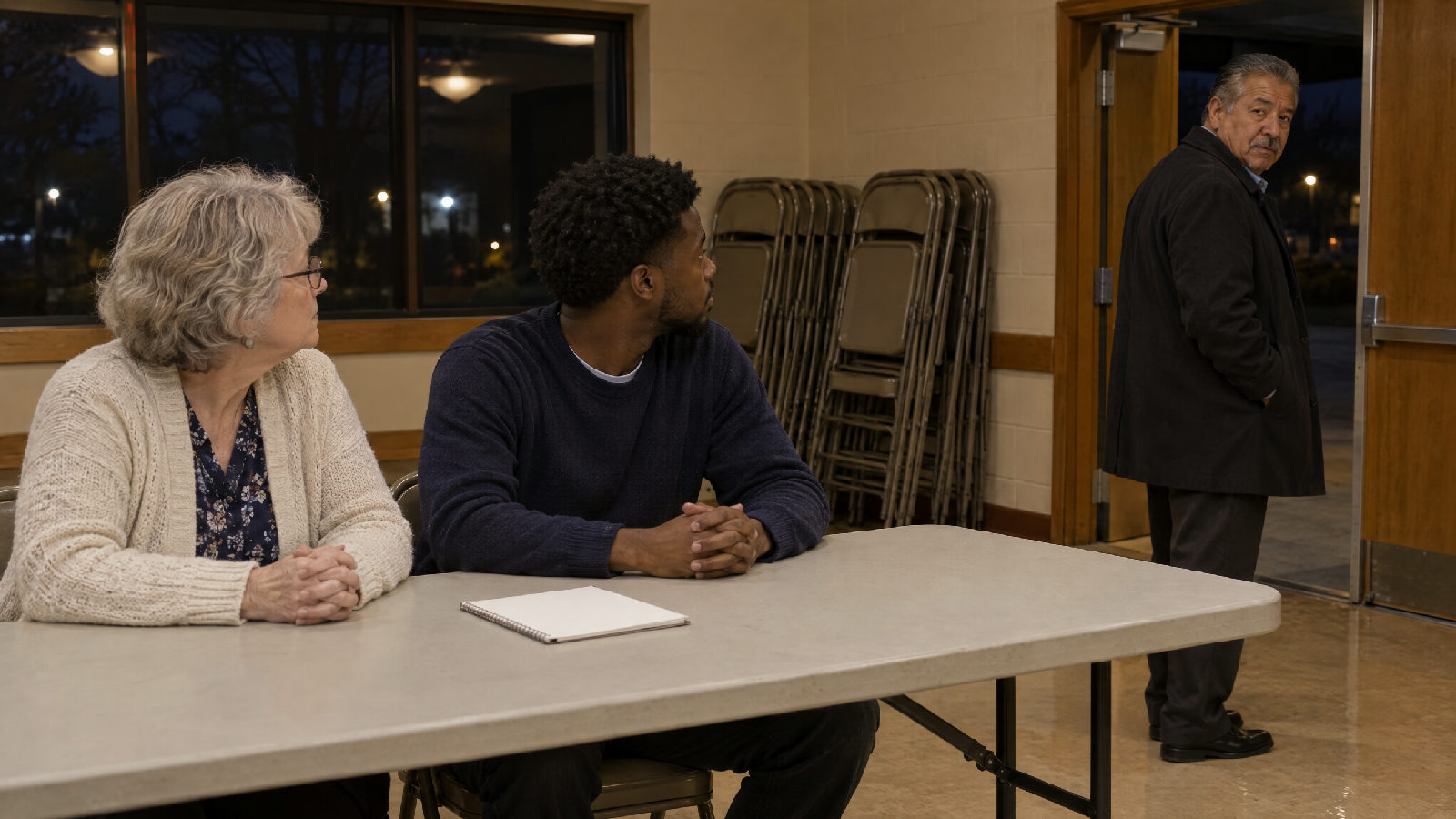 Two newly elected board members at an empty folding table after an election, watching the outgoing president pause in the doorway with his coat on