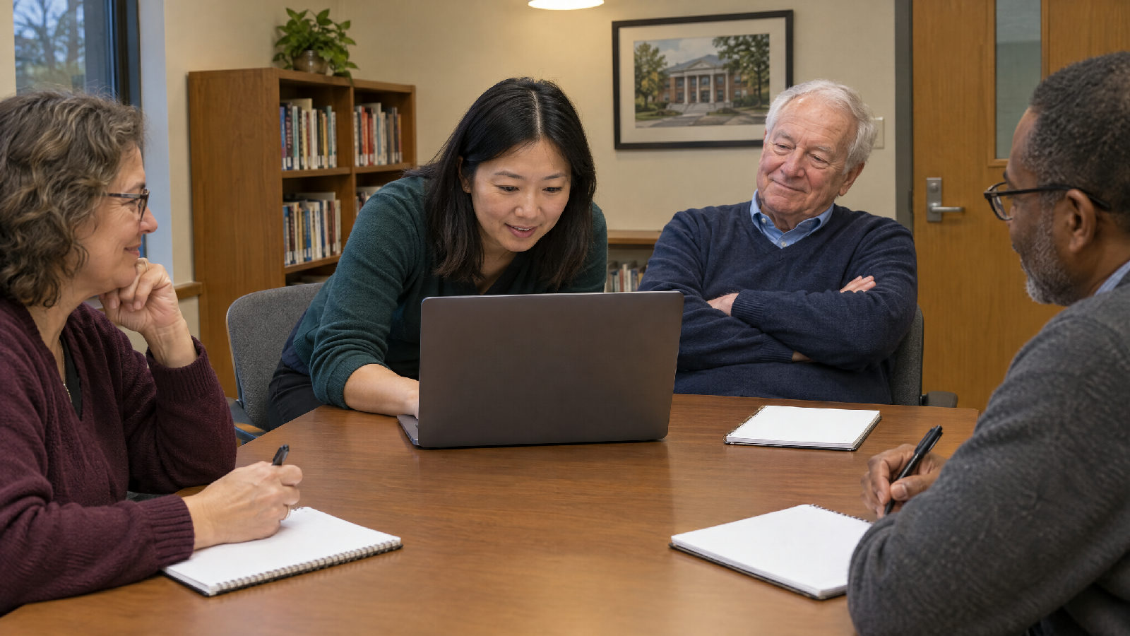 At a board meeting a younger member searches on a laptop while the longtime treasurer sits back with folded arms, deliberately not helping