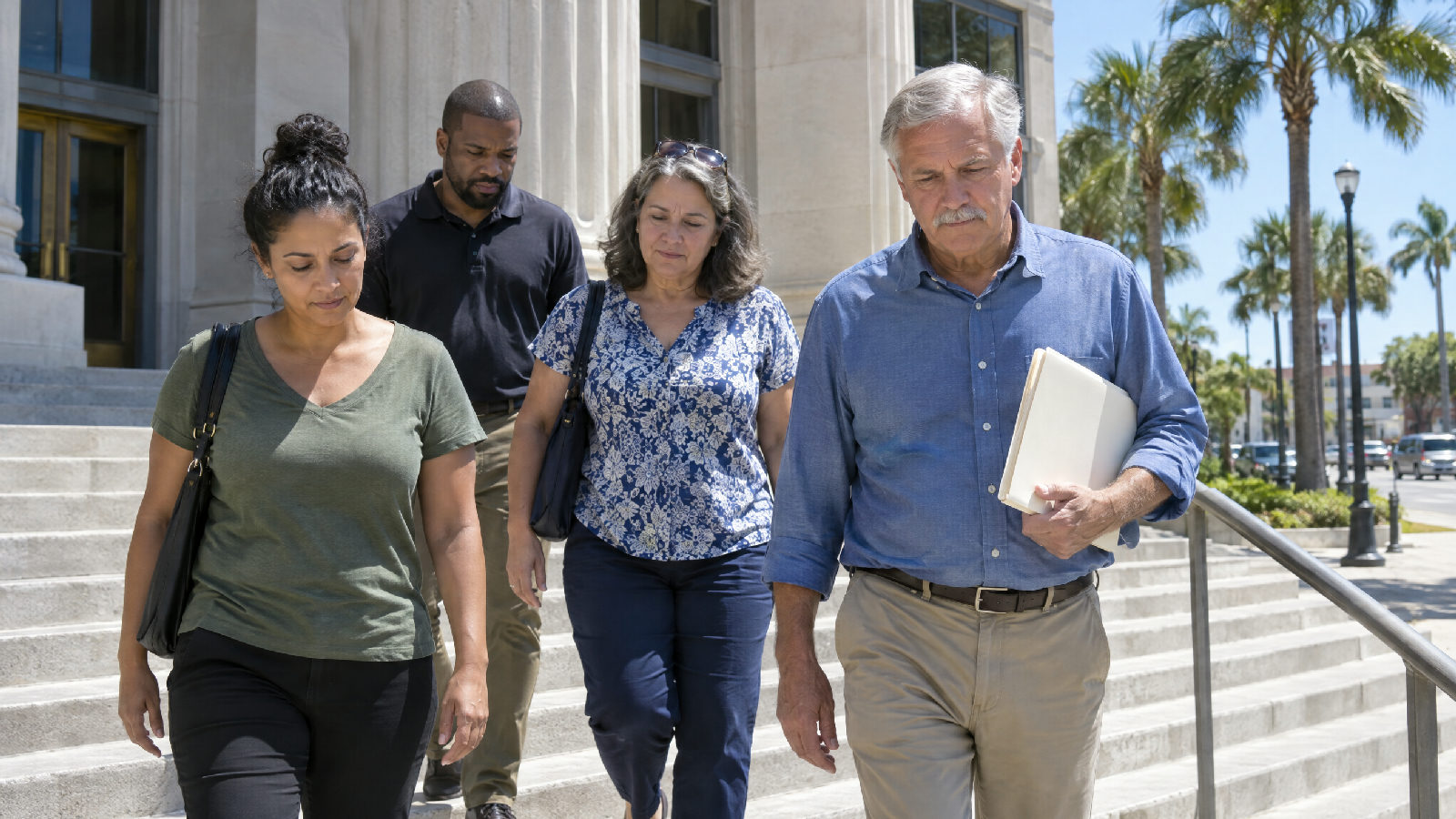 Four homeowners walking down courthouse steps in a sunny Florida town after a hearing, one carrying a thick folder