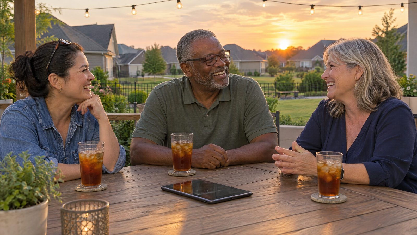 Three volunteer board members talking at a patio table at golden hour, a tablet lying between them