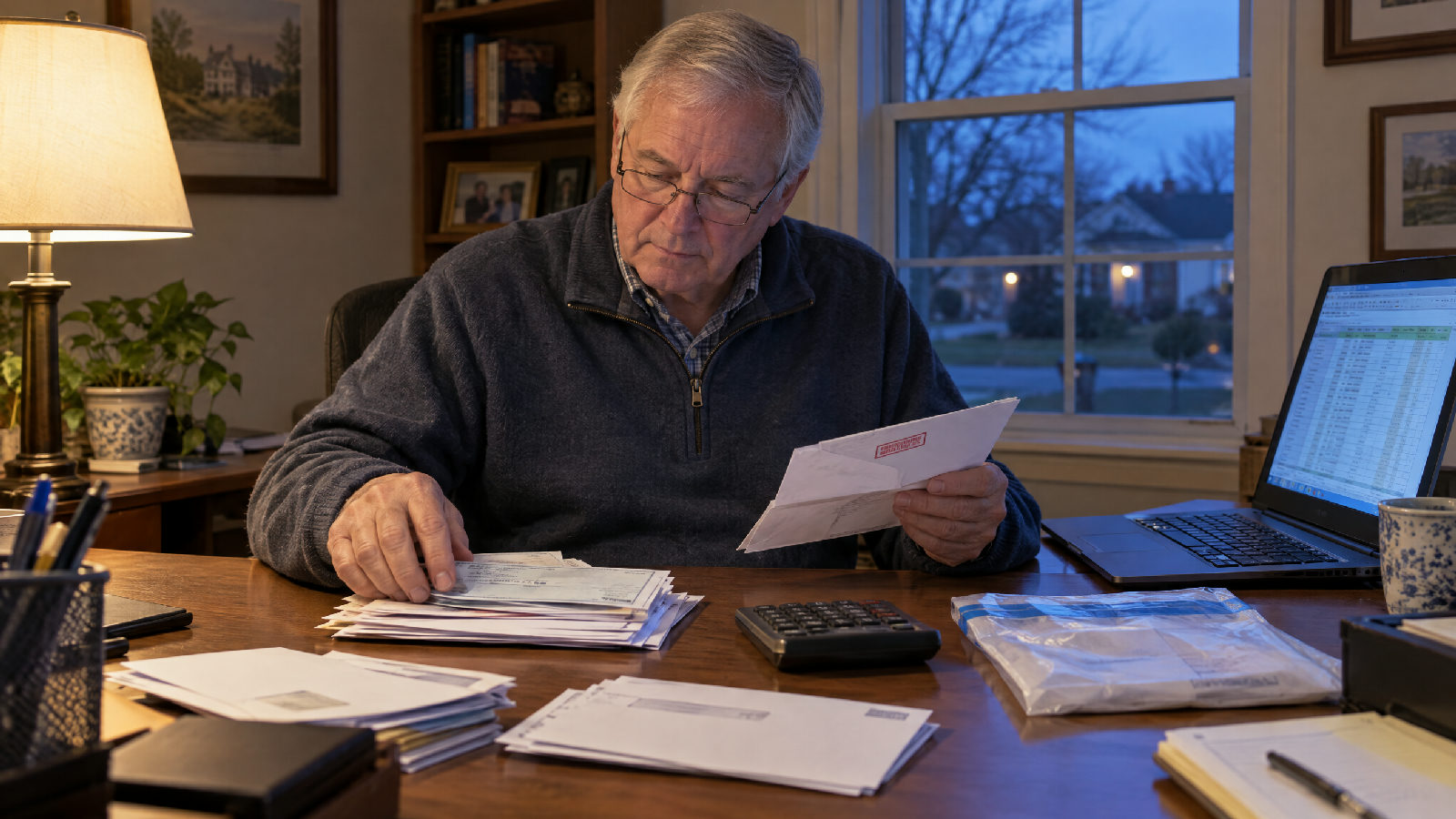 A retired treasurer sorting mailed dues checks and envelopes at a home desk in the evening, a deposit bag beside him