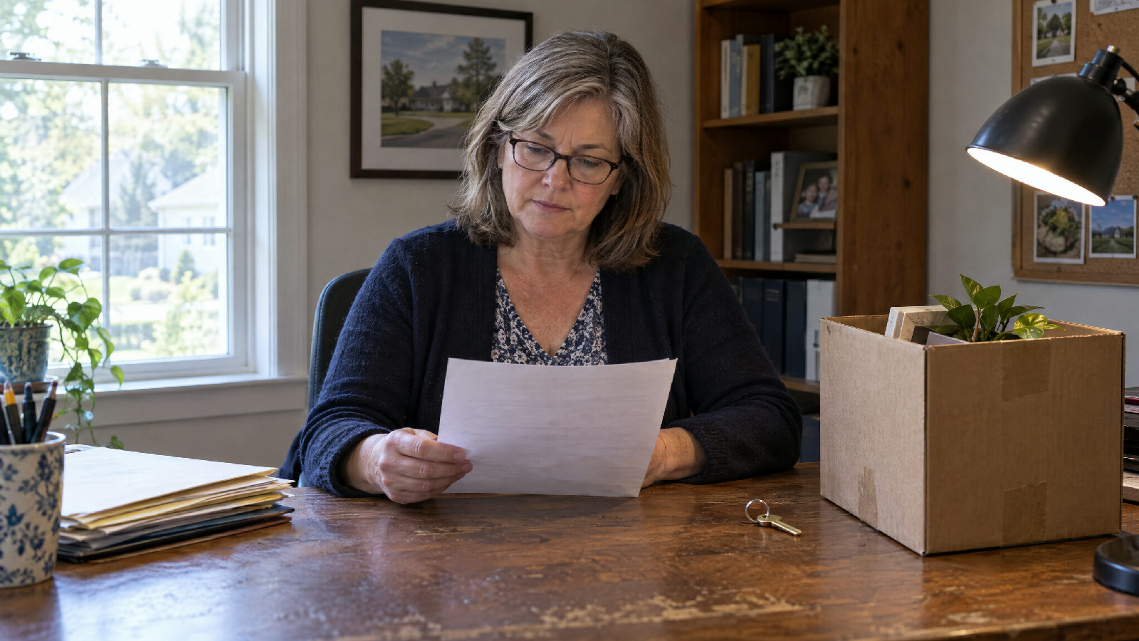A volunteer HOA secretary at a wooden desk reading a printed sheet, with a house key and a moving box beside her