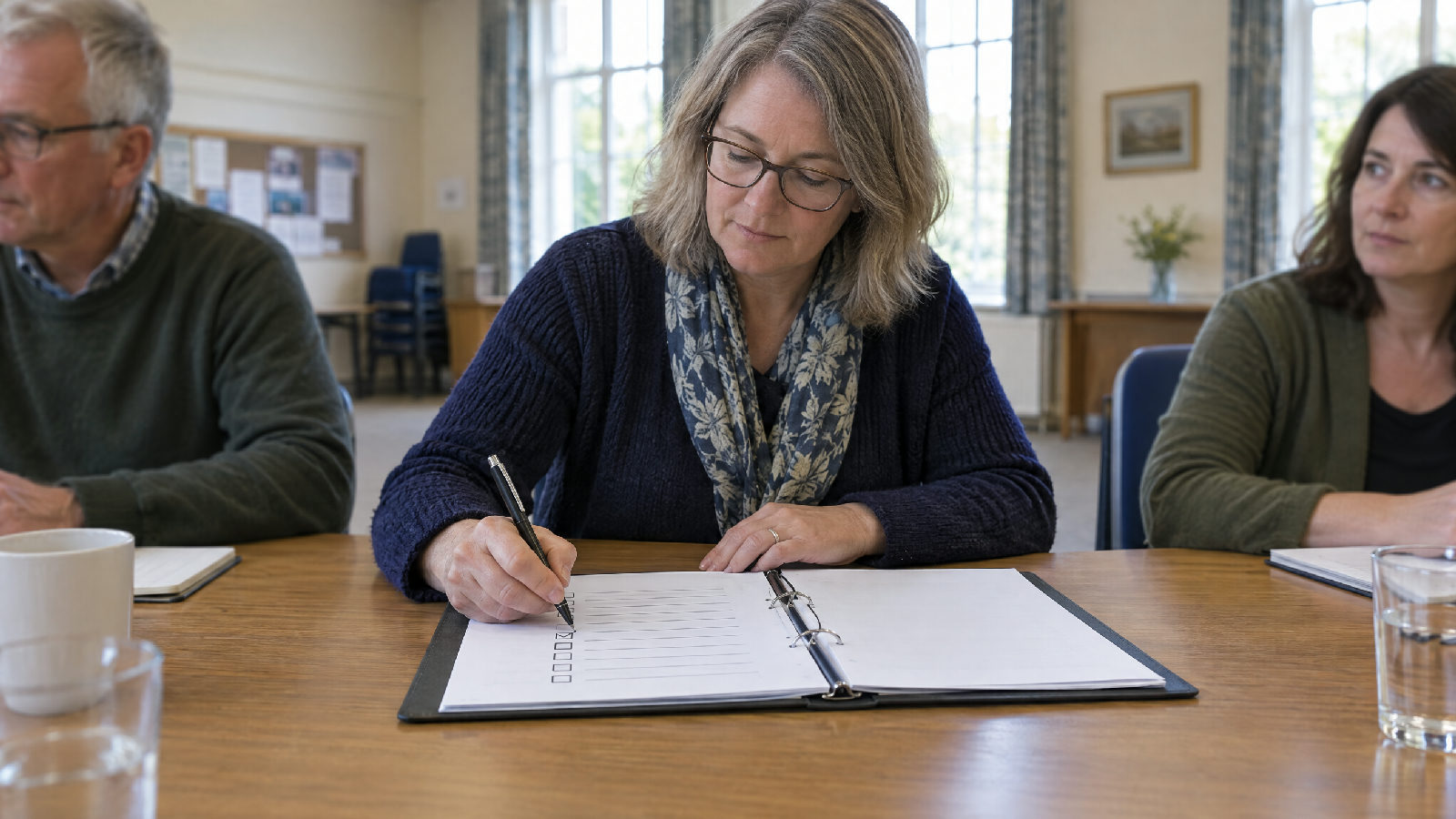 **One list.** Six places, six dates, one name beside the sale. A board table in a community room with a single open binder and a hand ticking off items on a printed checklist