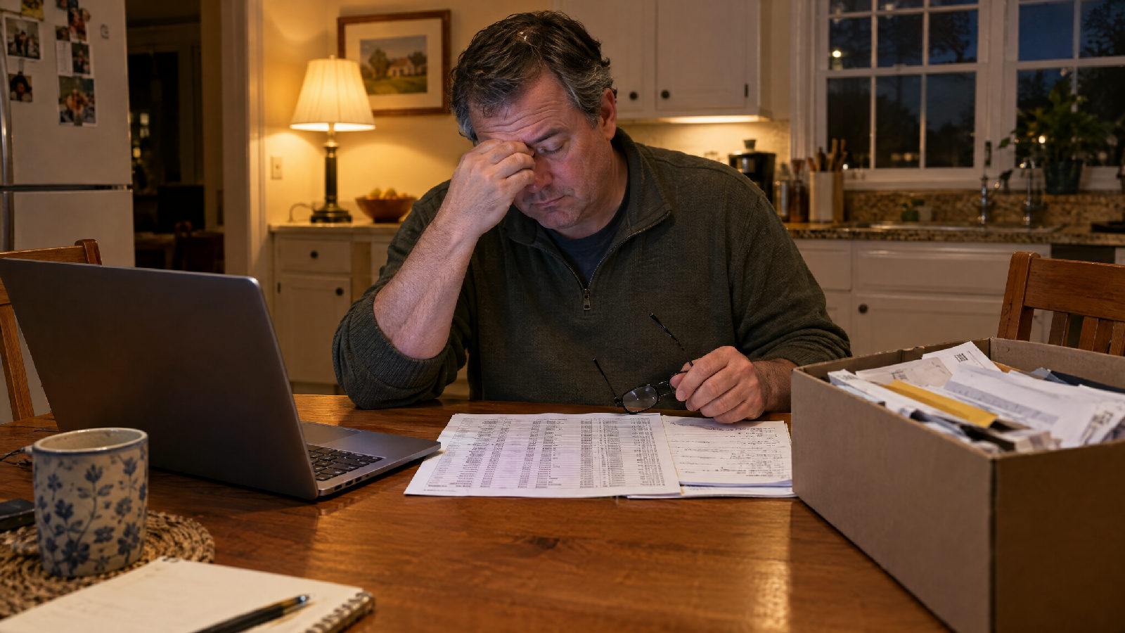 **Same name, three lists.** A new owner is typed in again for every list that holds one. A treasurer at a kitchen table late in the evening with a laptop, a paper roster and a shoebox of mail, comparing a new owner's name against three different lists