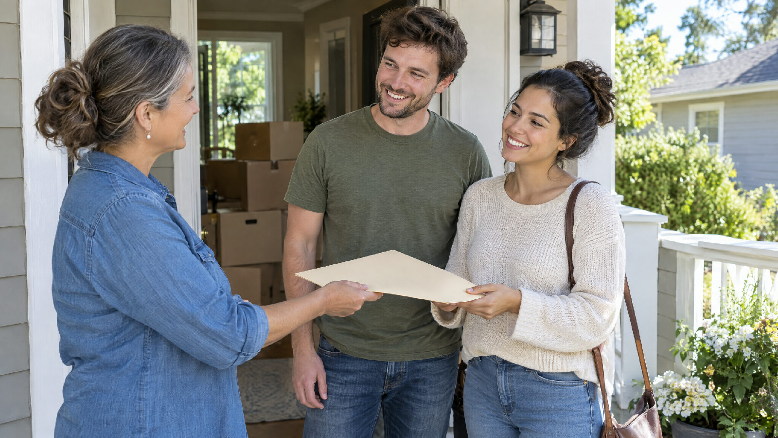 **The handoff.** The part of a sale the new owner actually sees. A volunteer secretary handing a welcome folder to a new homeowner on a front porch on a bright afternoon