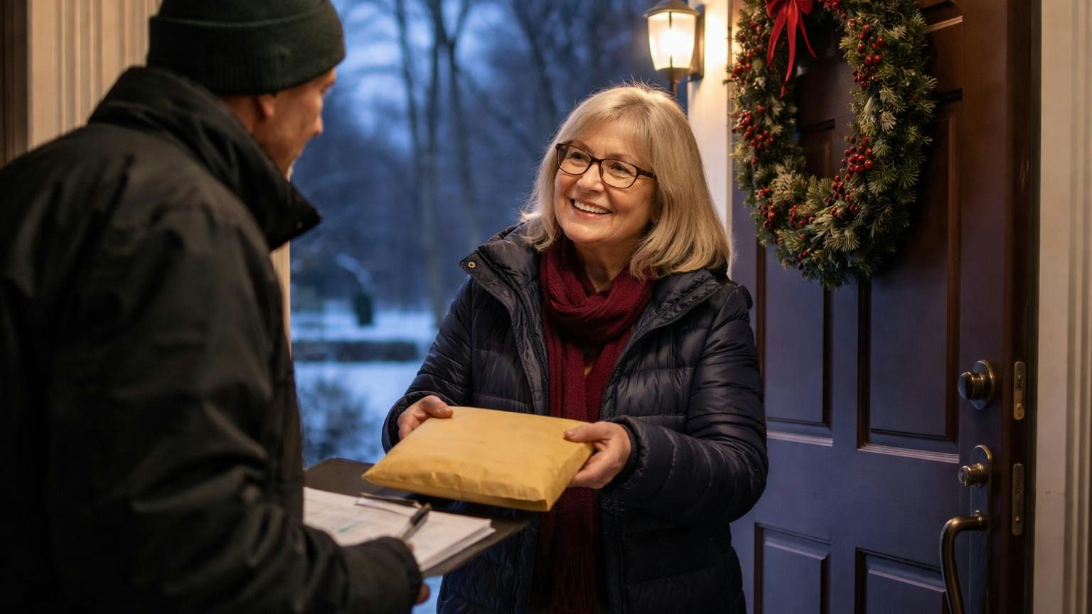 A board treasurer at her front door on a cold winter evening taking a thick padded mailer from a courier, the porch light on, a holiday wreath still on the door and bare trees behind