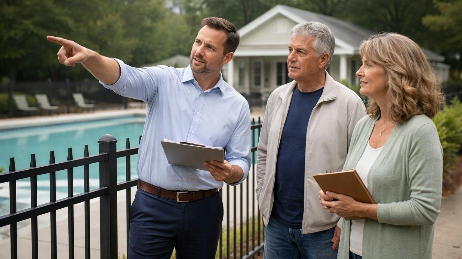 An insurance agent and two board members standing beside a community pool fence on a grey morning, the agent pointing toward the pool house as one board member listens