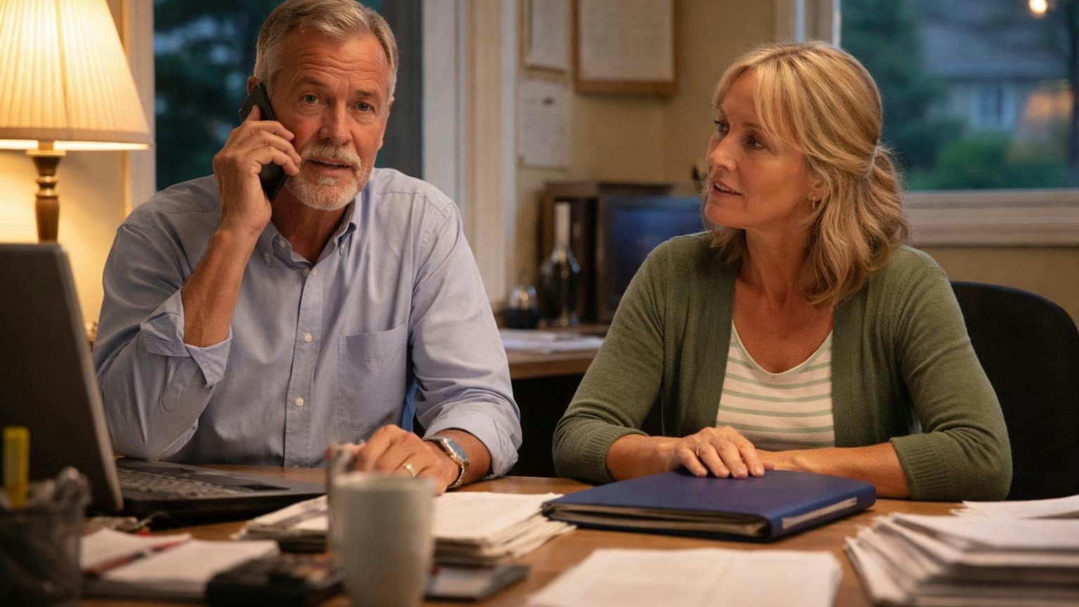 A board president and a treasurer at a small clubhouse office desk on a weekday evening, the president on a phone call while the treasurer listens with a closed folder in front of her