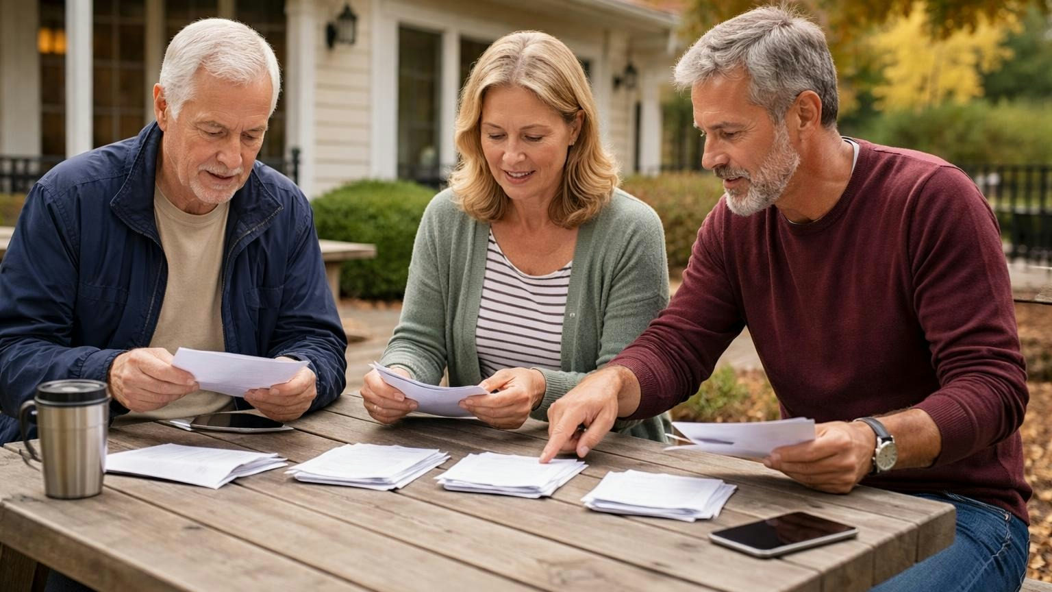 Three board members on a community clubhouse patio on a mild autumn afternoon, sorting a short stack of opened letters into small piles on a picnic table while one of them points to a pile