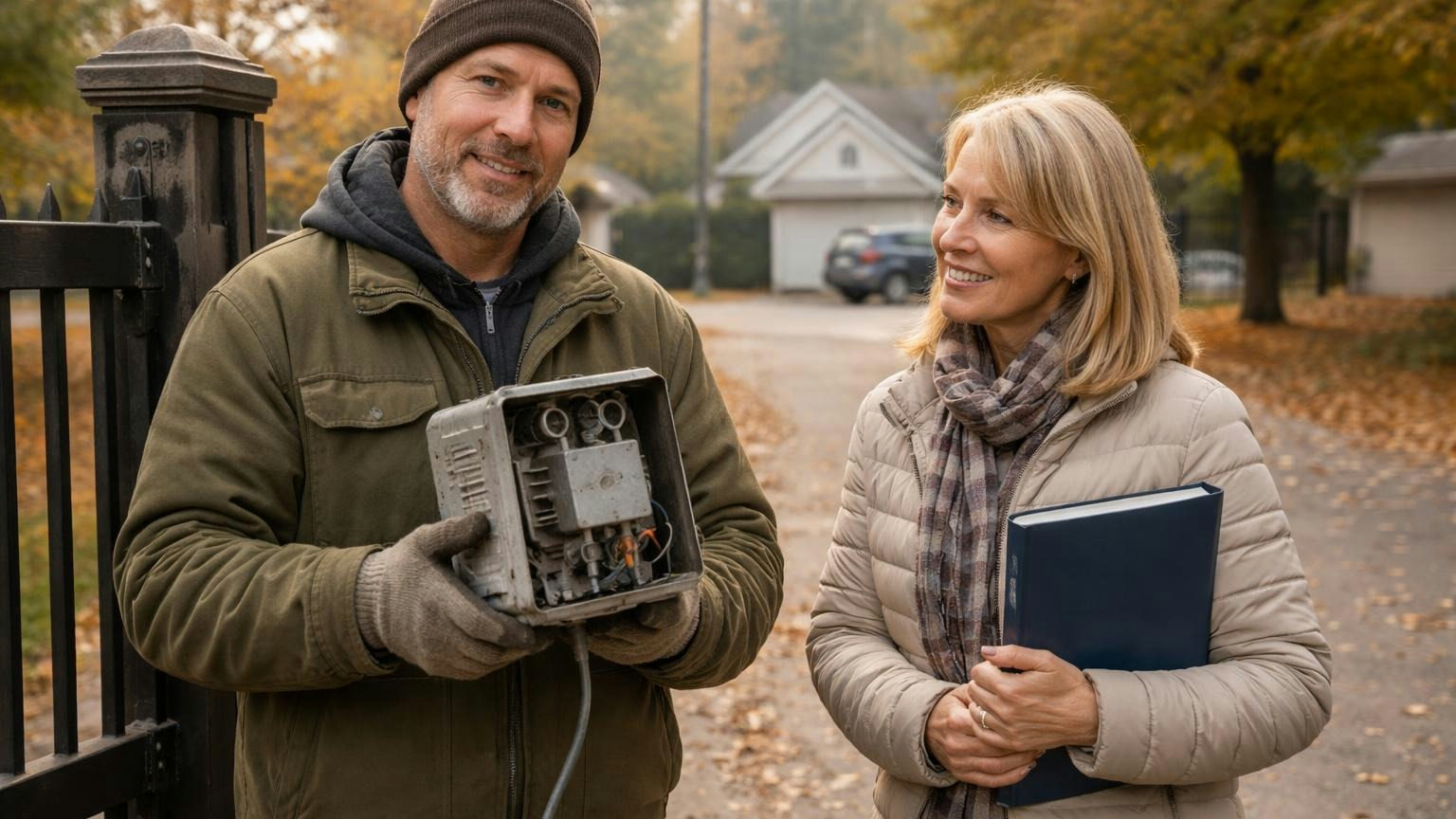 A gate technician at a neighborhood's automatic entrance gate on a cold autumn morning holding up the gate's worn-out motor while a board treasurer stands beside him with a closed binder under her arm