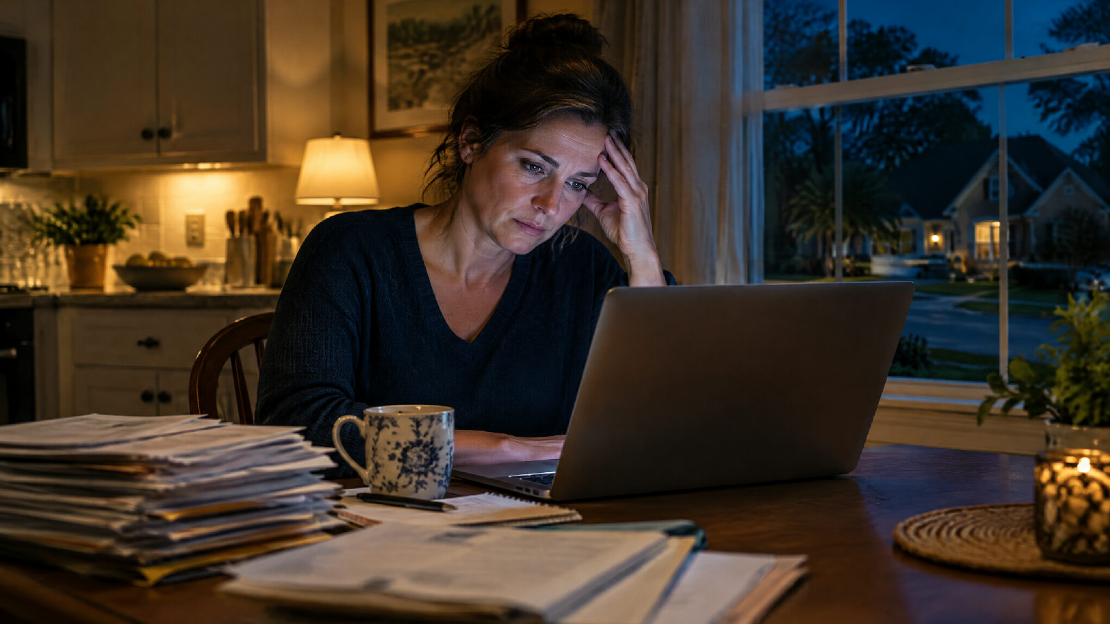 A volunteer board member working late at her kitchen table, laptop open beside stacks of paperwork