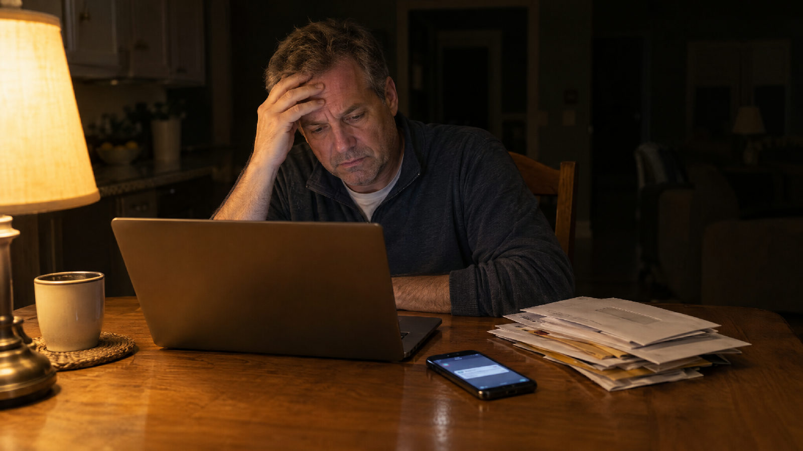 A tired treasurer alone at a kitchen table late at night, laptop open beside a stack of envelopes and a lit phone