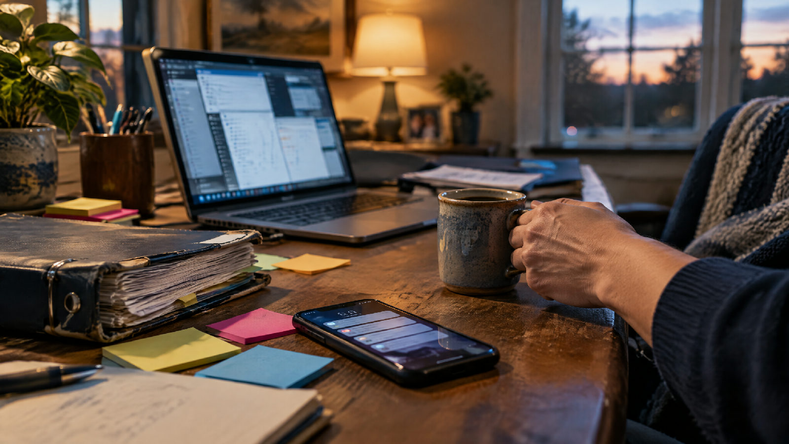 A cluttered home desk with sticky notes, a binder and a phone full of notifications
