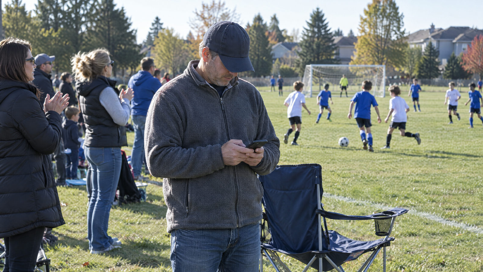 A board member on the sideline of a kids' soccer game, head down answering a message on his phone while parents cheer