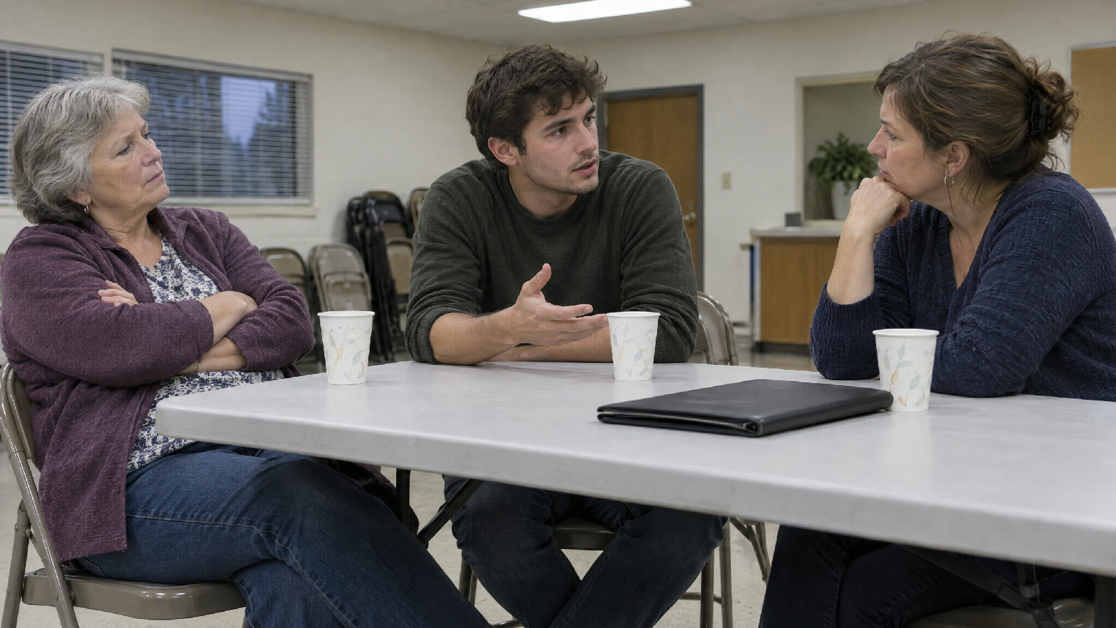 Three board members around a folding table in a clubhouse, weighing a decision in earnest discussion