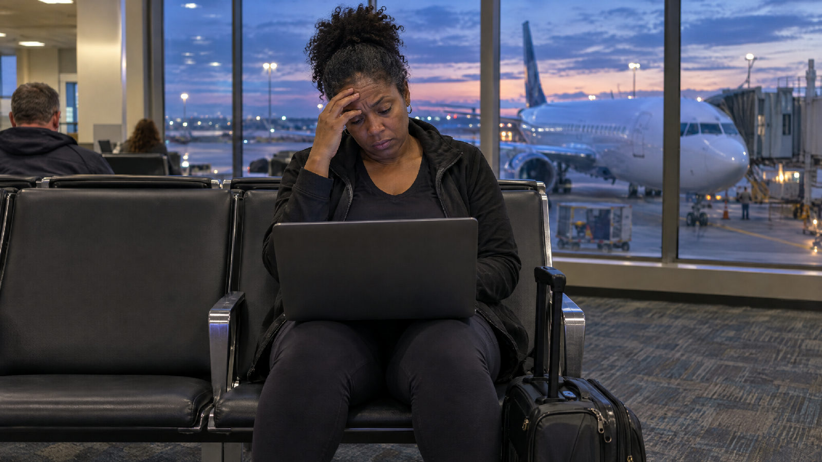 A board treasurer at an airport gate working on a laptop on her knees, rubbing her forehead