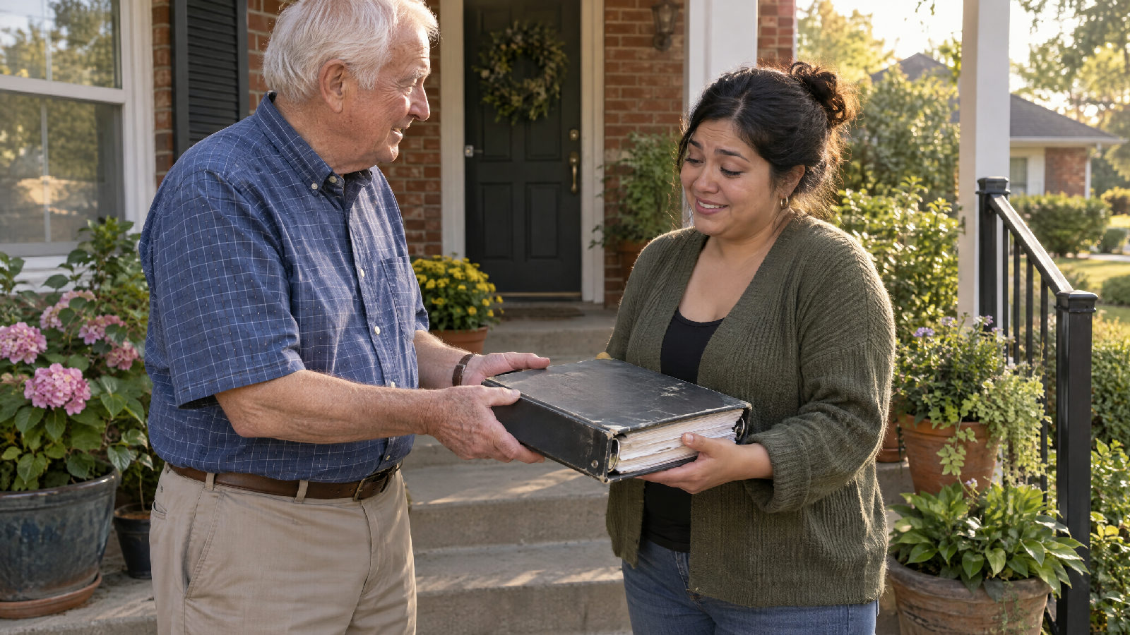 An older board member handing a thick worn binder to a younger neighbour on a front porch