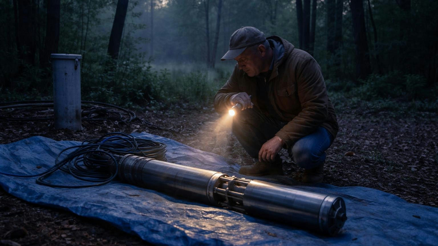 A well pump pulled up from a well casing lying on a blue tarp in a wooded clearing at dawn, a neighbour in a work jacket crouched beside it with a flashlight