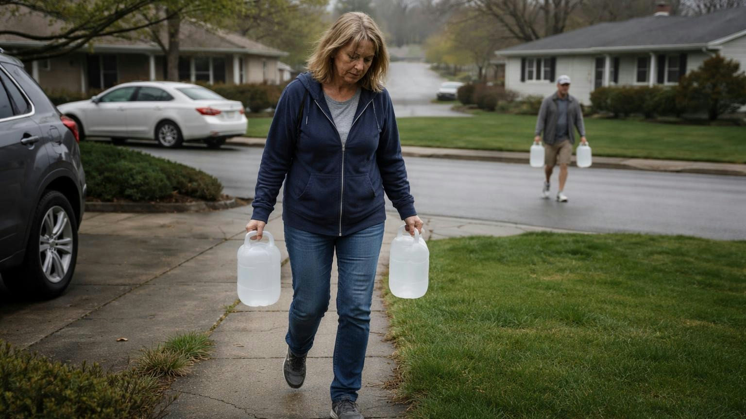 A homeowner on a grey spring morning carrying two plain water jugs from her car up her front walk while a neighbour across the quiet street does the same
