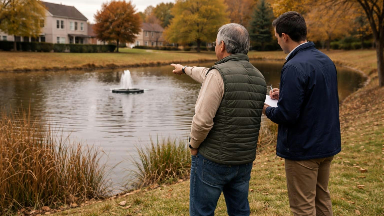 Two neighbours on the grassy bank of a community pond on an autumn afternoon, one pointing at the fountain aerator spraying in the middle of the water while the other takes notes