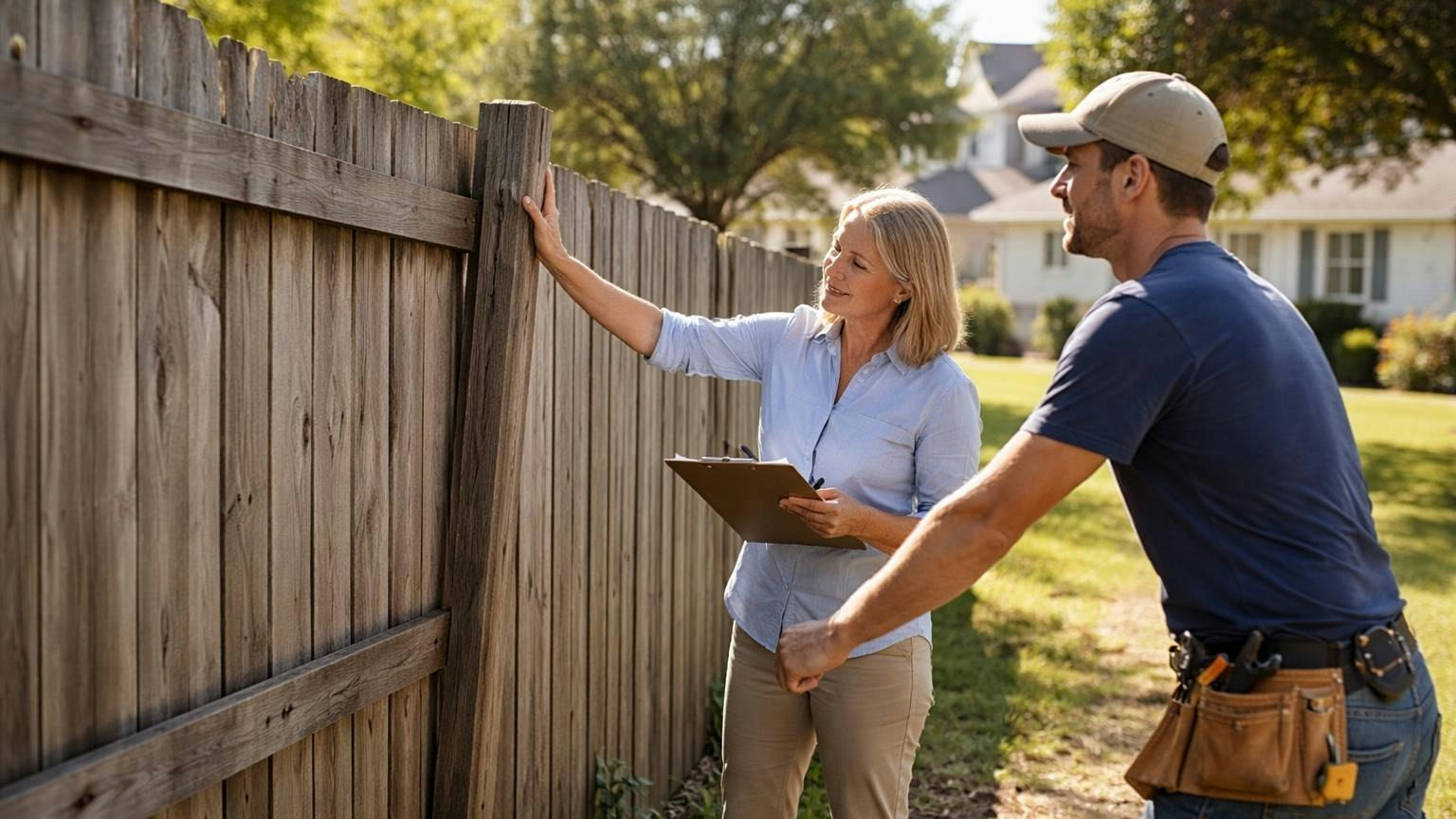 A board treasurer with a clipboard pressing a hand on a leaning post of a weathered wooden fence while a contractor beside her looks it over on a bright morning