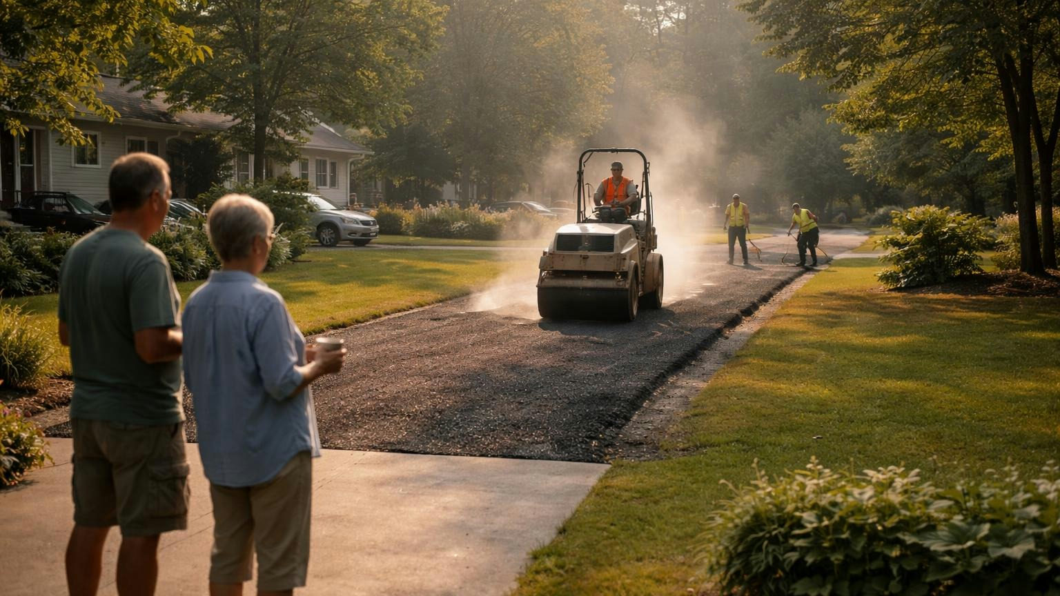 A paving crew rolling fresh black asphalt along a neighbourhood road on a summer morning while two neighbours watch from the end of a driveway, one holding a mug
