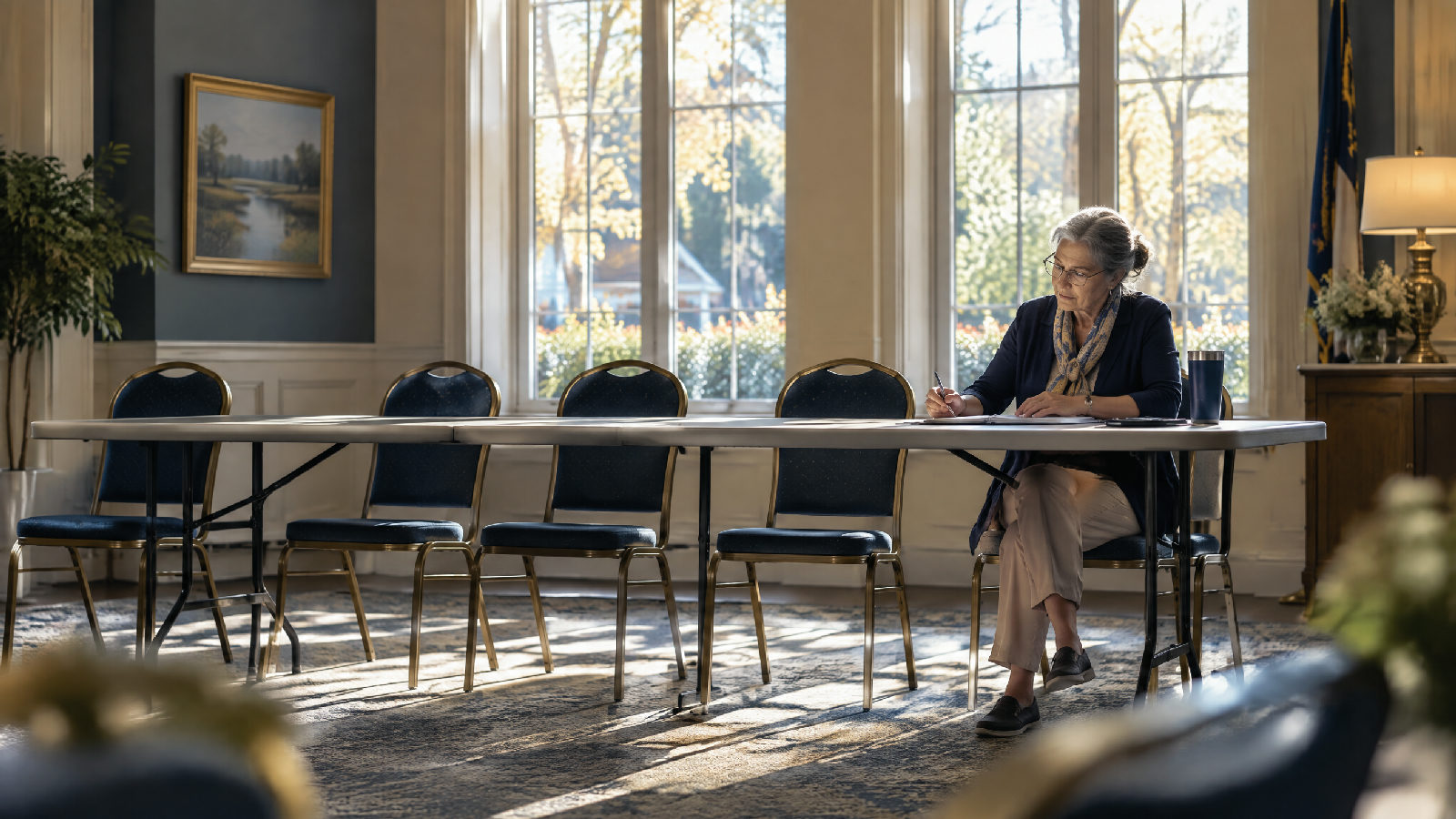 A lone volunteer at a table surrounded by empty chairs