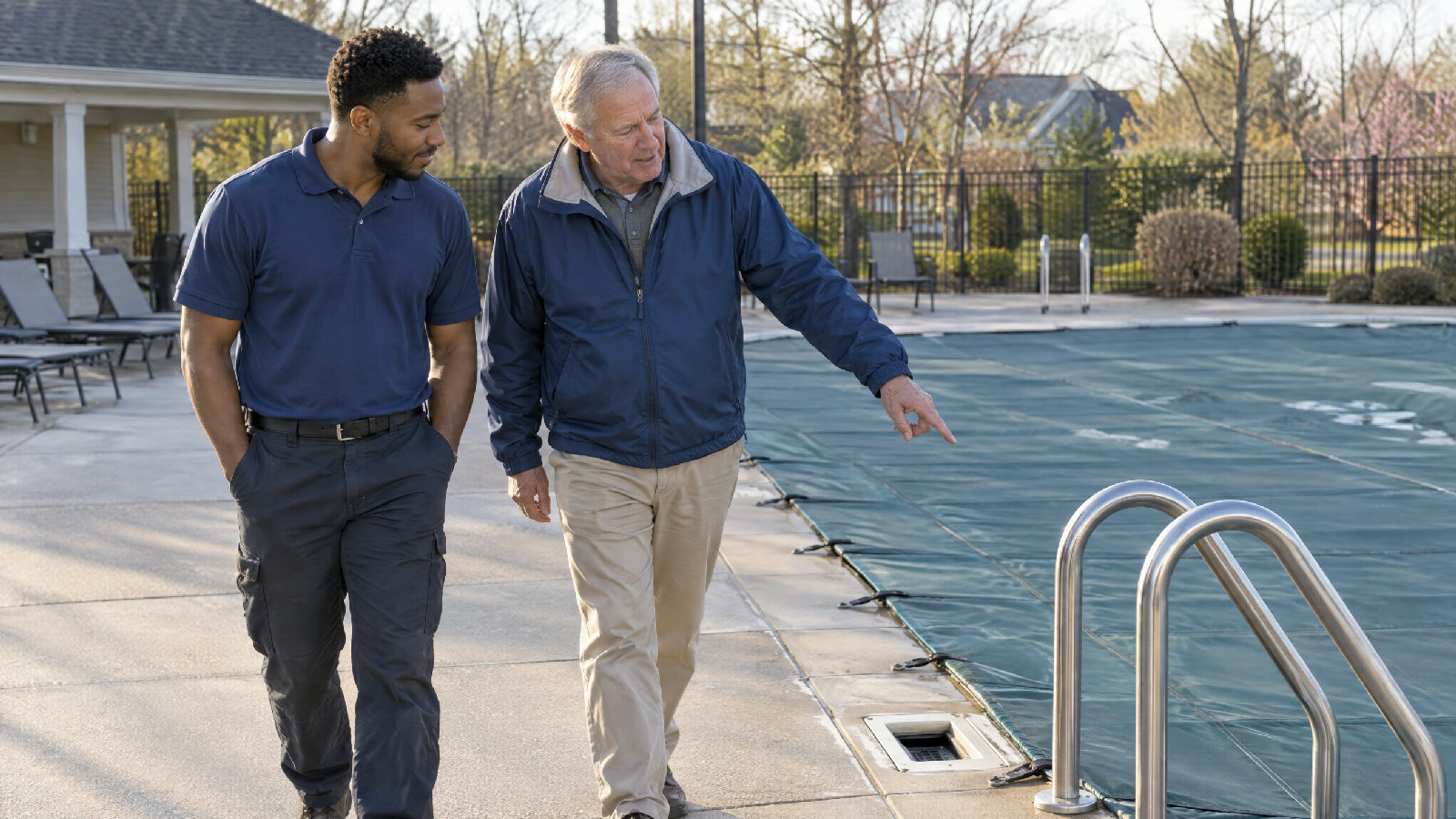 **Just call Dave.** One board member who knows the pool contract inside and out sounds like a strength, and is structurally a bus factor of one. A board member walking a pool contractor along the edge of a covered community pool, pointing out details from memory